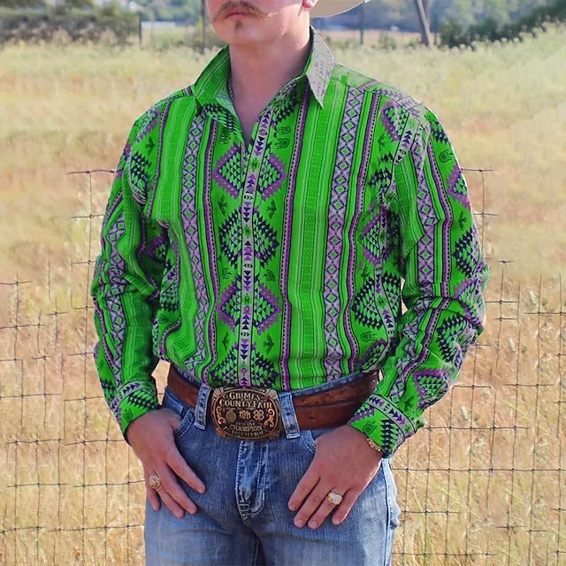 Men’s Shirt Western Shirt Graphic Prints Vintage Geometry Turndown Yellow Blue Purple Green Gray Outdoor Street Long Sleeve Print Button-Down Clothing Apparel Fashion Designer Casual Soft 906640399f05599897d2218ee97aae7d