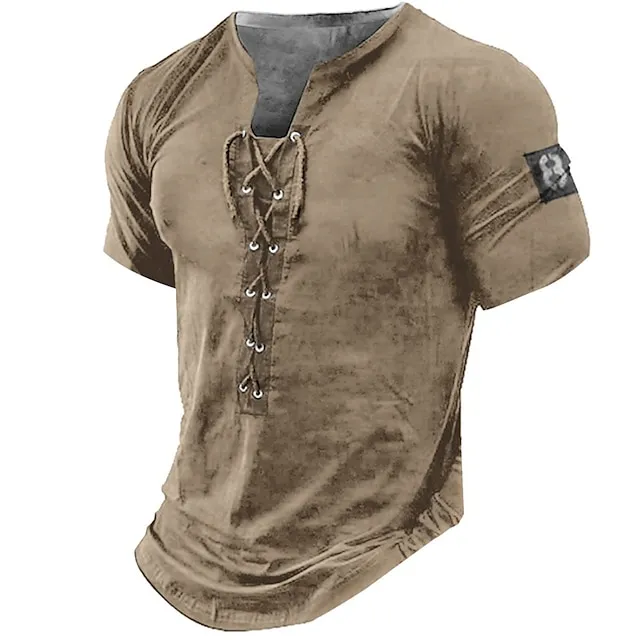 Lace Up Mens 3D Shirt Casual | Brown Summer Cotton | Men'S Henley Tee Graphic Number Clothing Apparel 3D Print Daily Sports Short Sleeve Fashion Stylish