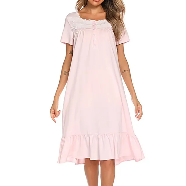 Women’s Pajamas Nightgown Dress Pure Color Basic Simple Casual Home Daily Bed Cotton Breathable Square Neck Short Sleeve Dress Button Spring Summer White Pink 2b41be3d78906483758953526b669b0a
