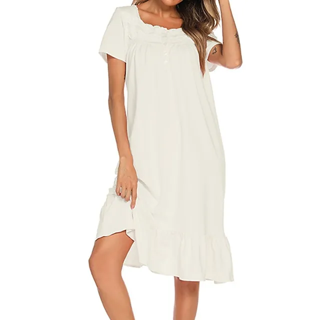Women’s Pajamas Nightgown Dress Pure Color Basic Simple Casual Home Daily Bed Cotton Breathable Square Neck Short Sleeve Dress Button Spring Summer White Pink 625fb27500a954e57a68059843114cbf
