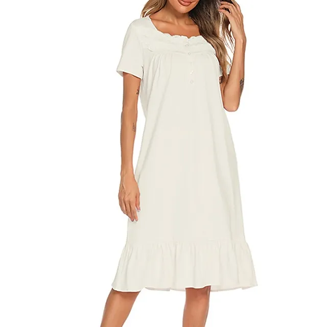 Women’s Pajamas Nightgown Dress Pure Color Basic Simple Casual Home Daily Bed Cotton Breathable Square Neck Short Sleeve Dress Button Spring Summer White Pink 726d1a5479d03ad6540c6fd3c44caad9