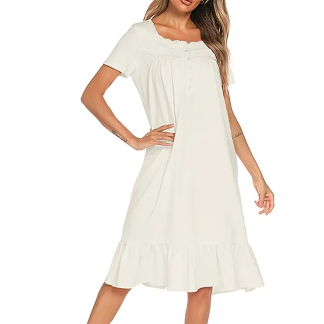 Women’s Pajamas Nightgown Dress Pure Color Basic Simple Casual Home Daily Bed Cotton Breathable Square Neck Short Sleeve Dress Button Spring Summer White Pink ae5706b5fe9e653a0e717716084ca294