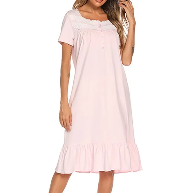 Women's Pajamas Nightgown Dress Pure Color Basic Simple Casual Home Daily Bed Cotton Breathable Square Neck Short Sleeve Dress Button Spring Summer White Pink c9866c4964eb5dd1c45544e0deabf5f8