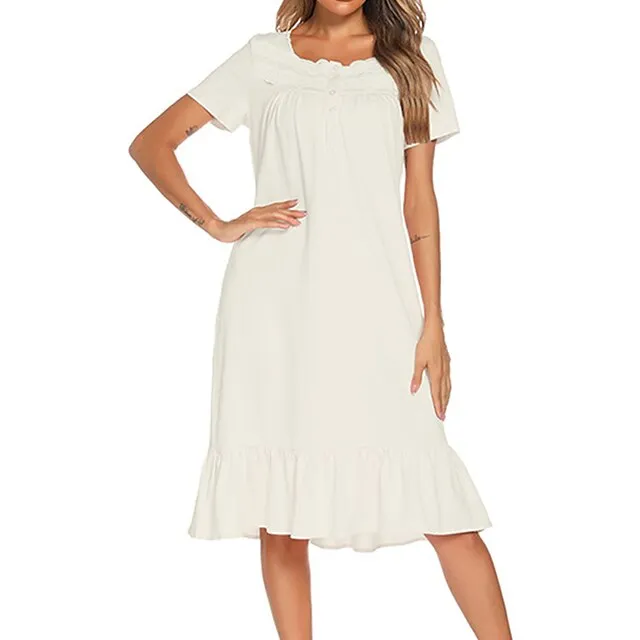 Women’s Pajamas Nightgown Dress Pure Color Basic Simple Casual Home Daily Bed Cotton Breathable Square Neck Short Sleeve Dress Button Spring Summer White Pink cac6afdb405a901520d0cc8771045ab1