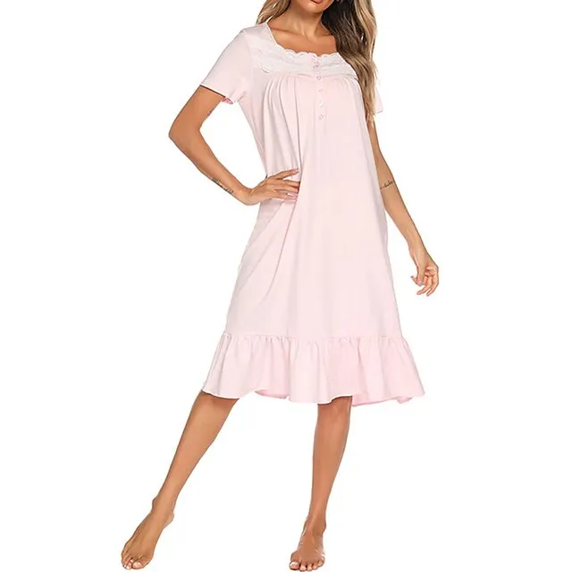 Women’s Pajamas Nightgown Dress Pure Color Basic Simple Casual Home Daily Bed Cotton Breathable Square Neck Short Sleeve Dress Button Spring Summer White Pink e64135b5a9ec3770bc446938127afac0