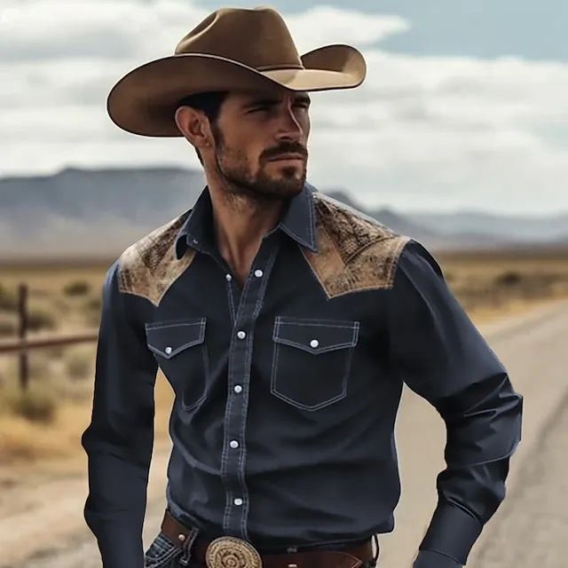 Men's Shirt Western Shirt Cowboy Turndown Black Yellow Navy Blue Green Outdoor Street Short Sleeve Print Button-Down Clothing Apparel Tropical Fashion Designer Soft fc388fe55d68325ab6a860a9792f479a