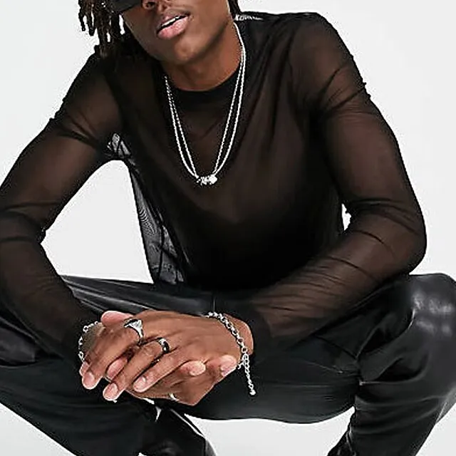 Men's T shirt Tee Tee Top Long Sleeve Shirt Plain Crew Neck Street Vacation Long Sleeve Mesh See Through Clothing Apparel Fashion Basic Modern Contemporary fe36402b1398ae034b23a3e8bebd37da