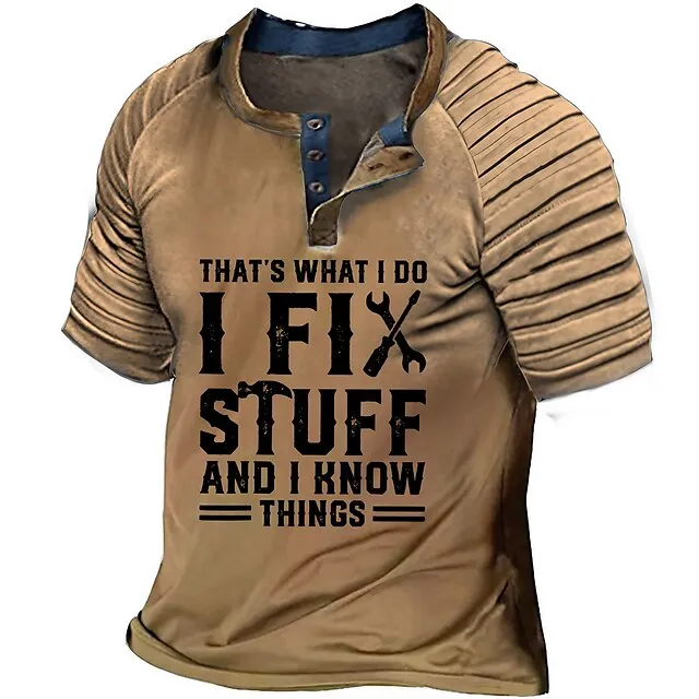 Men's Henley Shirt Raglan T Shirt Fashion Designer Comfortable Shirt Graphic Color Block Letter I Fix Stuff Short Sleeve Shirt Blue Brown Gray Outdoor Casual Daily Henley Summer Clothing Apparel 3D 4d6246077296c75371d640a63c0c0a95