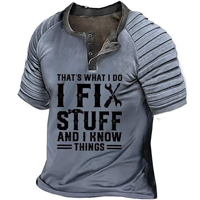 Men’s Henley Shirt Raglan T Shirt Fashion Designer Comfortable Shirt Graphic Color Block Letter I Fix Stuff Short Sleeve Shirt Blue Brown Gray Outdoor Casual Daily Henley Summer Clothing Apparel 3D e78dd8c2358d9d11610914b2b0c688a6