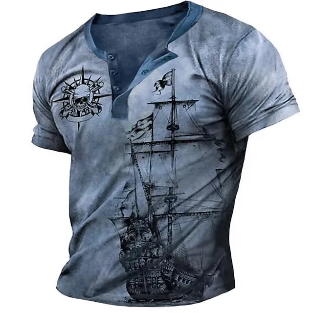 Men’s Henley Shirt Raglan T Shirt Graphic Ship Skulls Henley Clothing Apparel 3D Print Outdoor Daily Short Sleeve Patchwork Button-Down Fashion Designer Comfortable 0cf713f4a29a89eef2e99ce4d2c73c01