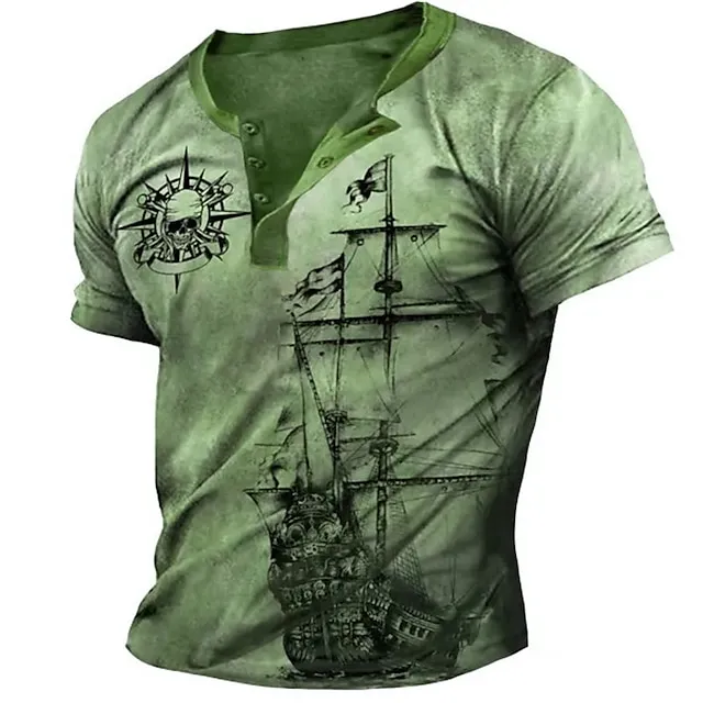 Men’s Henley Shirt Raglan T Shirt Graphic Ship Skulls Henley Clothing Apparel 3D Print Outdoor Daily Short Sleeve Patchwork Button-Down Fashion Designer Comfortable 258aeea72e0e2c1e83b12e20b72edee9