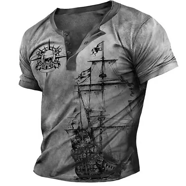 Men’s Henley Shirt Raglan T Shirt Graphic Ship Skulls Henley Clothing Apparel 3D Print Outdoor Daily Short Sleeve Patchwork Button-Down Fashion Designer Comfortable 25b899af28eb9a2a4cc0f23d9c8e8769