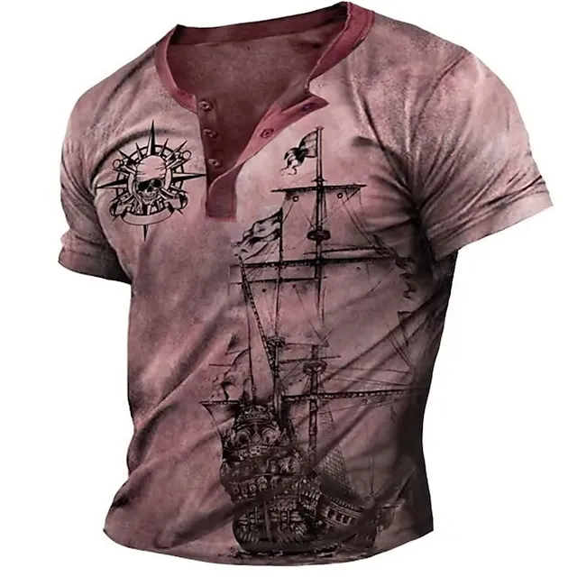 Men’s Henley Shirt Raglan T Shirt Graphic Ship Skulls Henley Clothing Apparel 3D Print Outdoor Daily Short Sleeve Patchwork Button-Down Fashion Designer Comfortable 25dbf4f1a1d4f86649c966ad25f32291