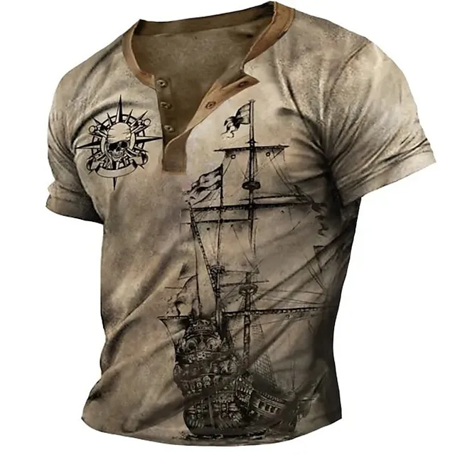 Men's Henley Shirt Raglan T Shirt Graphic Ship Skulls Henley Clothing Apparel 3D Print Outdoor Daily Short Sleeve Patchwork Button-Down Fashion Designer Comfortable 8783c5665c10d0a8aa9af3624da82d10