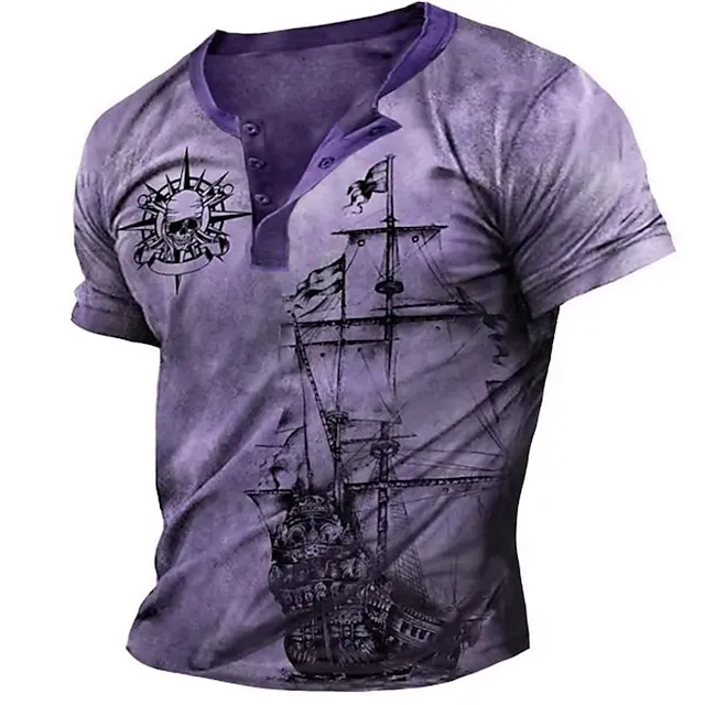 Men’s Henley Shirt Raglan T Shirt Graphic Ship Skulls Henley Clothing Apparel 3D Print Outdoor Daily Short Sleeve Patchwork Button-Down Fashion Designer Comfortable e29be1d97301178892c6917ff9898a01
