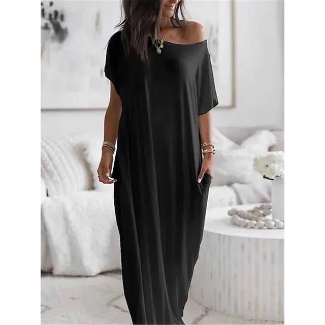Women’s Pajamas Nightgown Dress Pure Color Simple Casual Soft Home Daily Bed Polyester Breathable Short Sleeve Pocket Summer Spring Black White 073a057e3be3b682bfe6ce2b1acb593c