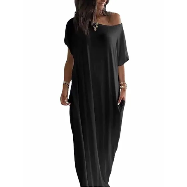 Women’s Pajamas Nightgown Dress Pure Color Simple Casual Soft Home Daily Bed Polyester Breathable Short Sleeve Pocket Summer Spring Black White 665ccbac5b1790103d39e004e6655ace