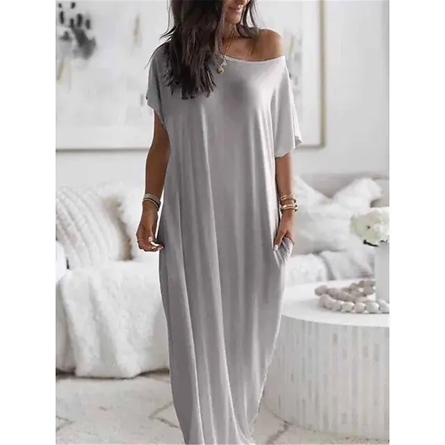 Women’s Pajamas Nightgown Dress Pure Color Simple Casual Soft Home Daily Bed Polyester Breathable Short Sleeve Pocket Summer Spring Black White 7bd50c40175dd28867cff6ae740c4954