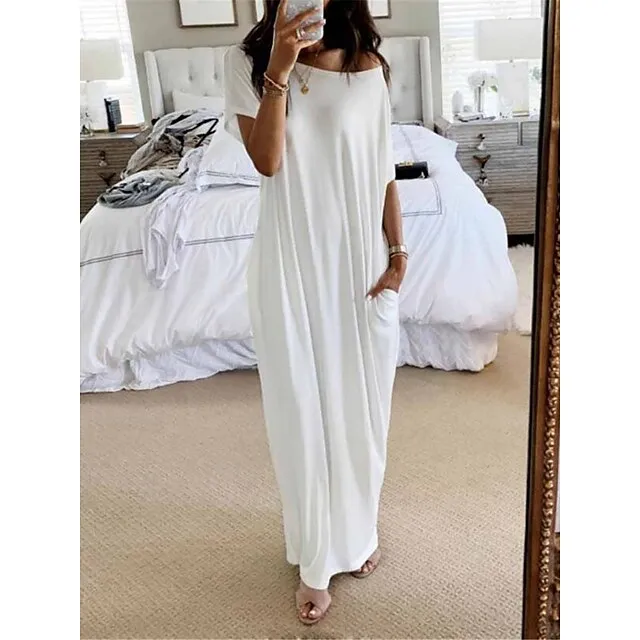 Women’s Pajamas Nightgown Dress Pure Color Simple Casual Soft Home Daily Bed Polyester Breathable Short Sleeve Pocket Summer Spring Black White bd0903620a476a053b9cc6a95b206bce
