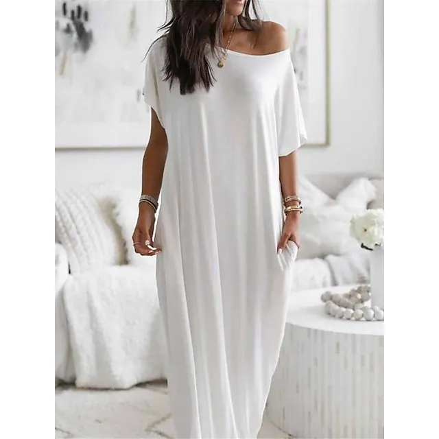 Women's Pajamas Nightgown Dress Pure Color Simple Casual Soft Home Daily Bed Polyester Breathable Short Sleeve Pocket Summer Spring Black White f15b542851b06ebd8472e2f5f370ed2a