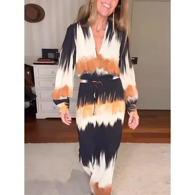 Women's Long Dress Maxi Dress Casual Dress A Line Dress Summer Dress Tie Dye Fashion Streetwear Outdoor Daily Holiday Print Long Sleeve V Neck Dress Loose Fit Orange Summer Spring S M L XL XXL 851b47b4fb918b01e19b9d8ff88353f7