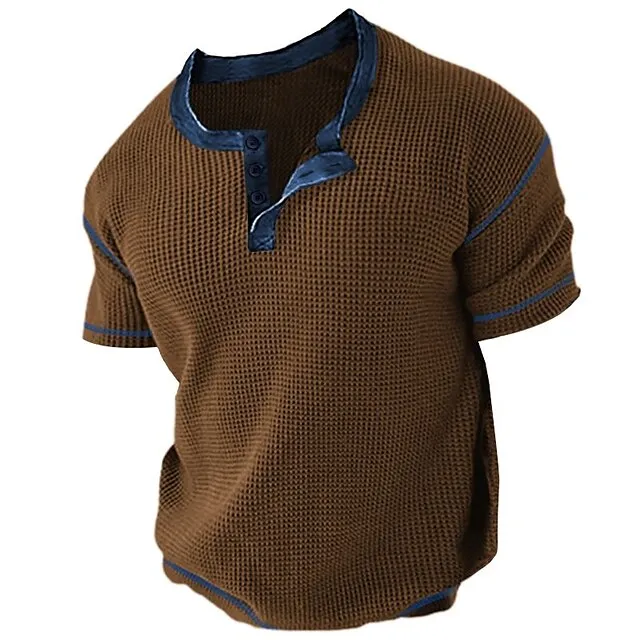 Men’s T shirt Tee Waffle Henley Shirt Tee Top Plain Henley Street Vacation Short Sleeves Clothing Apparel Fashion Designer Basic 87ccd160057a8253ef85d05816ce9f50