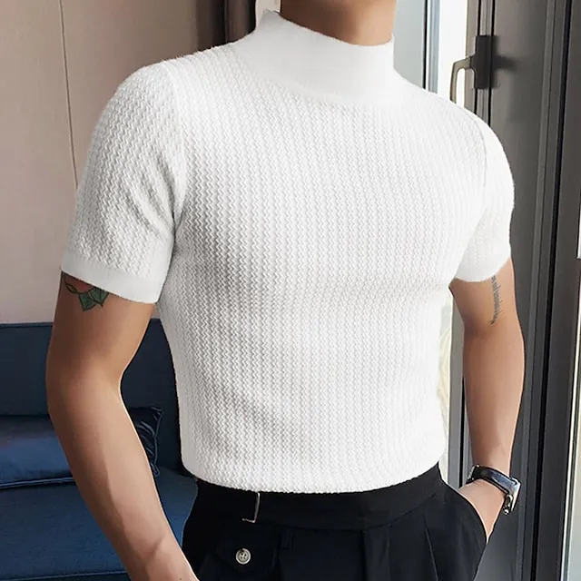 Men’s T shirt Tee Knit Tee Tee Top Plain Turtleneck Street Vacation Short Sleeves Knitting Clothing Apparel Fashion Designer Basic 8963089a47561ea3e17c724df4956f7f