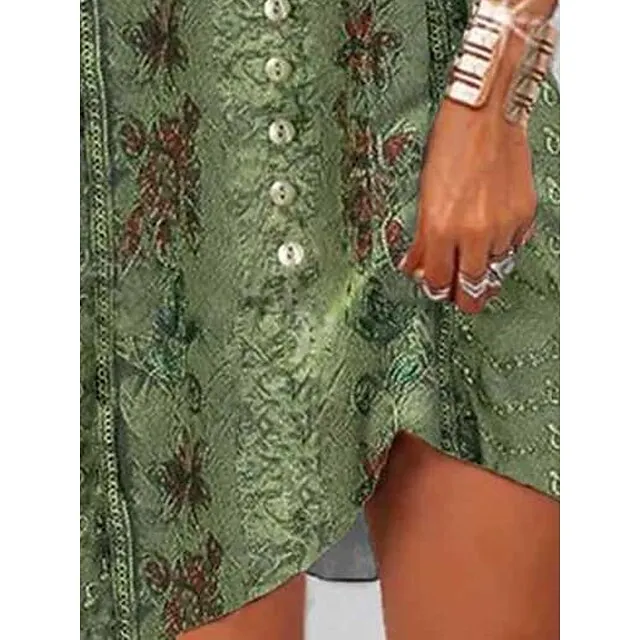 Women’s Summer Dress Print Dress Floral Print Button Crew Neck Mini Dress Fashion Streetwear Outdoor Date Short Sleeve Loose Fit Green Summer Spring S M L XL XXL 03d65400ae02f412da48b0d0322154bb