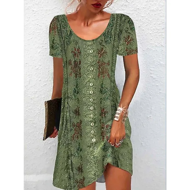Women's Summer Dress Print Dress Floral Print Button Crew Neck Mini Dress Fashion Streetwear Outdoor Date Short Sleeve Loose Fit Green Summer Spring S M L XL XXL