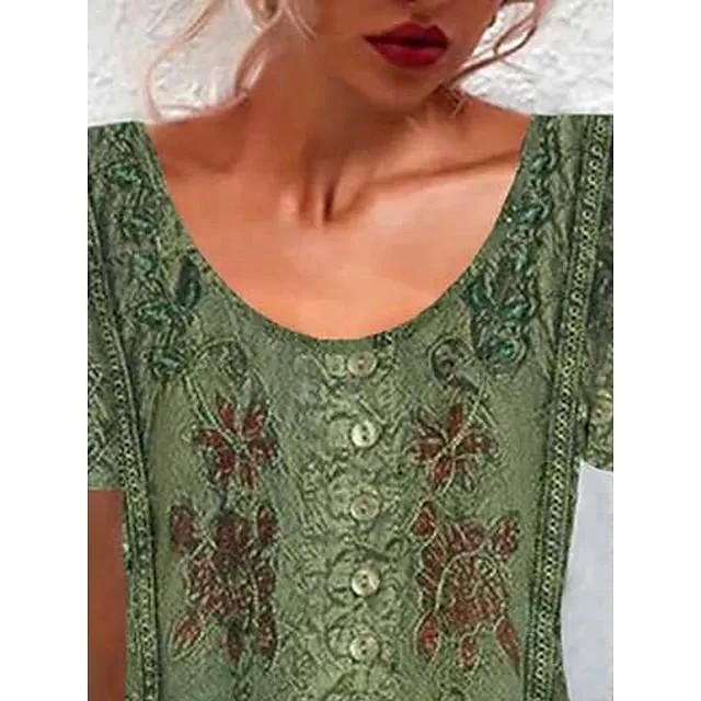 Women’s Summer Dress Print Dress Floral Print Button Crew Neck Mini Dress Fashion Streetwear Outdoor Date Short Sleeve Loose Fit Green Summer Spring S M L XL XXL b748bfb4153efb221dde41e678627b10