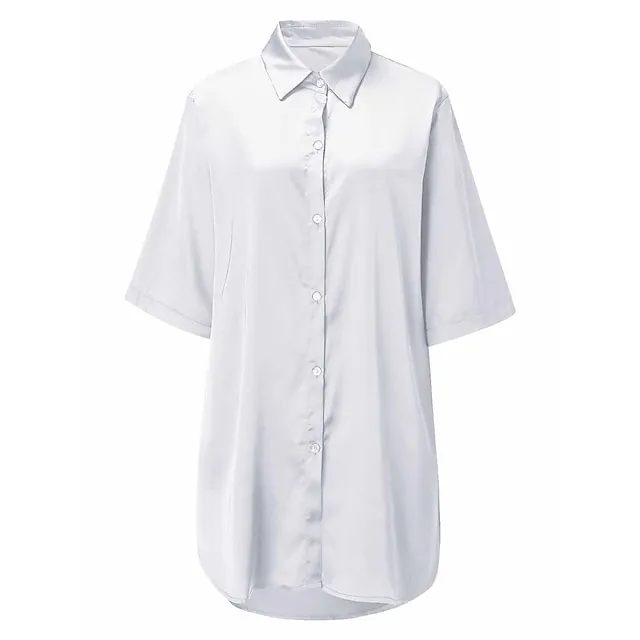 Women’s Pajamas Nightgown Nightshirt Dress Pure Color Simple Casual Soft Home Daily Bed Satin Breathable Lapel Short Sleeve Button Summer Spring Black White 5a642eaf8006f8fce6ce8ae85de2d311