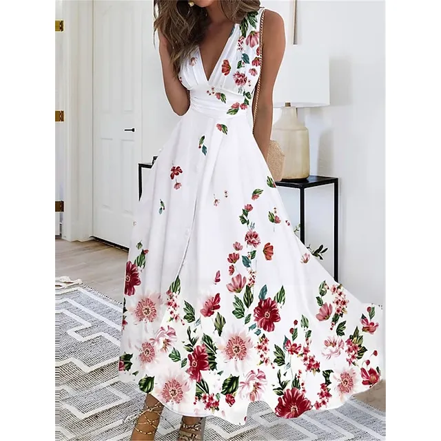 Women’s Casual Dress Swing Dress Floral Peacock Print V Neck Maxi long Dress Fashion Streetwear Outdoor Daily Sleeveless Regular Fit Black White Pink Summer Spring S M L XL XXL 463993ded8b112888b713fccce788b0b