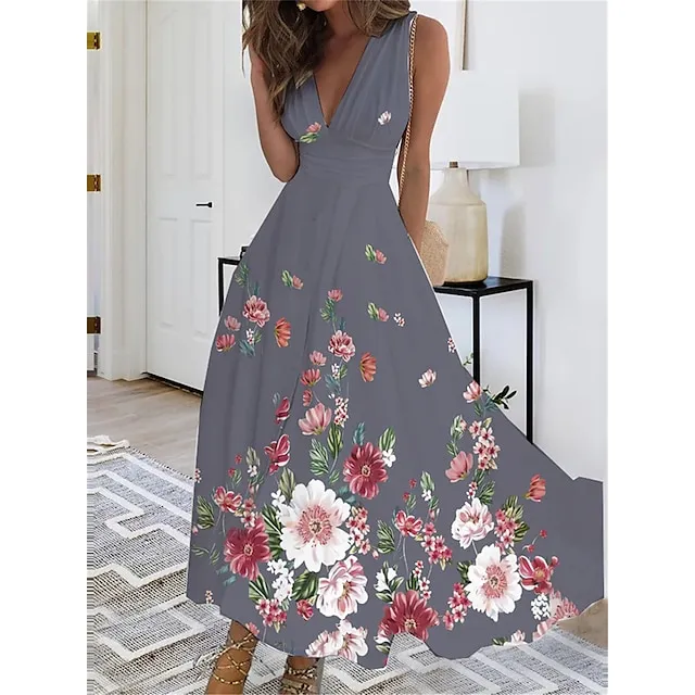 Women’s Casual Dress Swing Dress Floral Peacock Print V Neck Maxi long Dress Fashion Streetwear Outdoor Daily Sleeveless Regular Fit Black White Pink Summer Spring S M L XL XXL 5c58125a222194818ea7b0198773ae6a