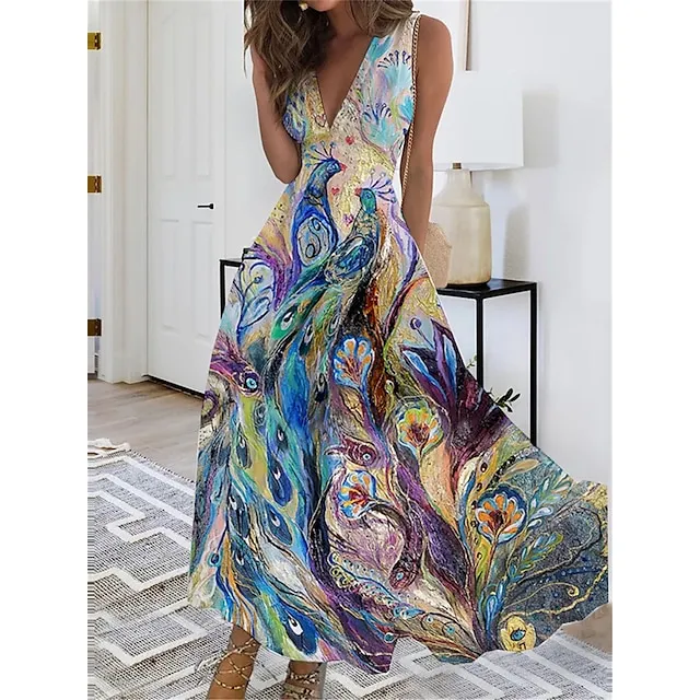 Women's Casual Dress Swing Dress Floral Peacock Print V Neck Maxi long Dress Fashion Streetwear Outdoor Daily Sleeveless Regular Fit Black White Pink Summer Spring S M L XL XXL 5f0b2217a25b93e7214821c07d359907