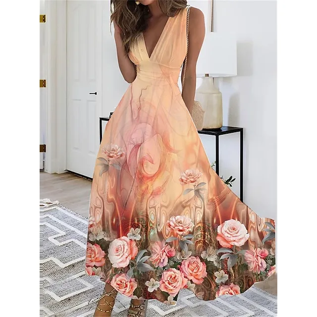 Women’s Casual Dress Swing Dress Floral Peacock Print V Neck Maxi long Dress Fashion Streetwear Outdoor Daily Sleeveless Regular Fit Black White Pink Summer Spring S M L XL XXL a31ba72e1a28ec0dc18ccb584284deed