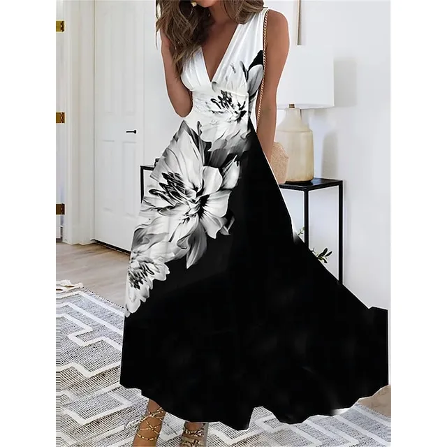 Women’s Casual Dress Swing Dress Floral Peacock Print V Neck Maxi long Dress Fashion Streetwear Outdoor Daily Sleeveless Regular Fit Black White Pink Summer Spring S M L XL XXL bf5e6ebcc277609d1737f33d8f717131