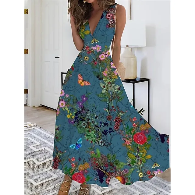 Women’s Casual Dress Swing Dress Floral Peacock Print V Neck Maxi long Dress Fashion Streetwear Outdoor Daily Sleeveless Regular Fit Black White Pink Summer Spring S M L XL XXL c62455e9fb14571eec7b9bccd30e42ce