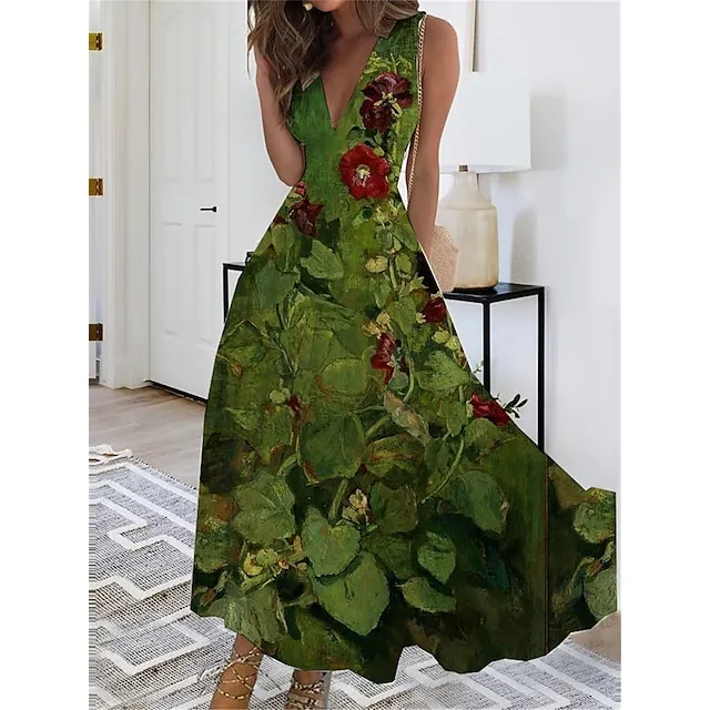 Women’s Casual Dress Swing Dress Floral Peacock Print V Neck Maxi long Dress Fashion Streetwear Outdoor Daily Sleeveless Regular Fit Black White Pink Summer Spring S M L XL XXL ce8c97516fa94ea257200bb69a4dfdc4