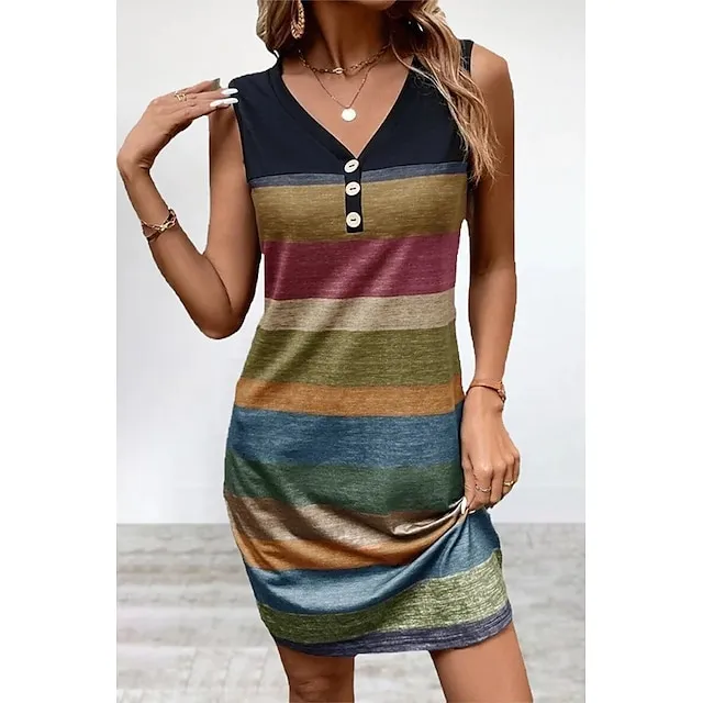 Women's Tank Dress Print Dress Color Block Print Button V Neck Midi Dress Active Fashion Street Weekend Sleeveless Regular Fit Blue Purple Green Summer S M L XL 2XL 81df901a0a66417136fb3d99a02f7d86