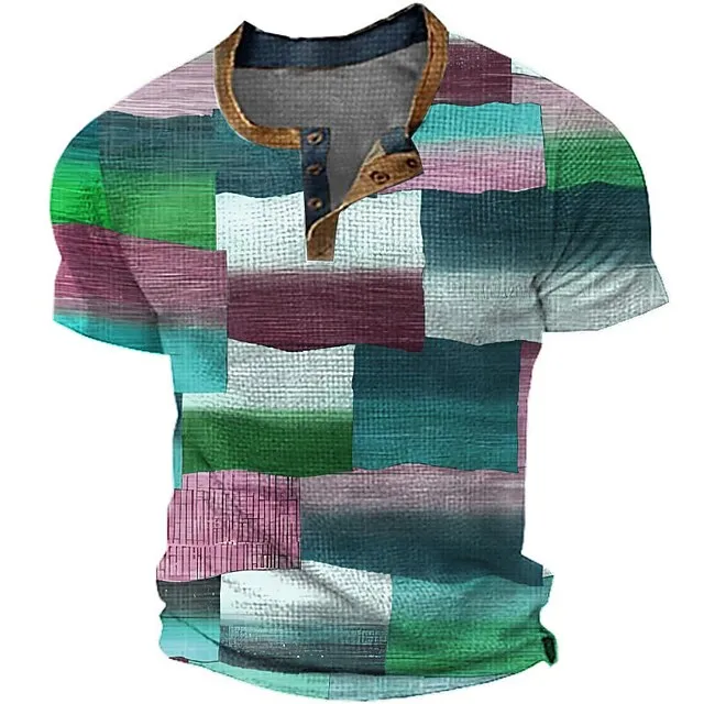 Men’s Waffle Henley Shirt Graphic Plaid Color Block Henley Clothing Apparel 3D Print Outdoor Daily Short Sleeve Button Fashion Designer Basic 42917e0ac22c748d1b14c5d7662423bd