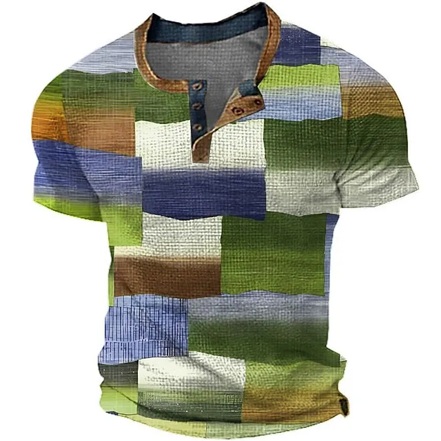 Men’s Waffle Henley Shirt Graphic Plaid Color Block Henley Clothing Apparel 3D Print Outdoor Daily Short Sleeve Button Fashion Designer Basic e02685ca44c7a4a6c0bc77f473e37636