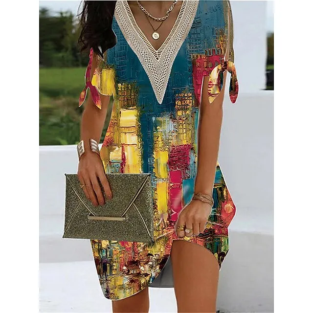 Women's Summer Dress Print Dress Floral Geometric Print Patchwork V Neck Mini Dress Fashion Streetwear Outdoor Street Short Sleeve Regular Fit White Blue Dusty Blue Summer Spring S M L XL XXL 1e5ca2cb523ba0048f028bbf6ebb7b94