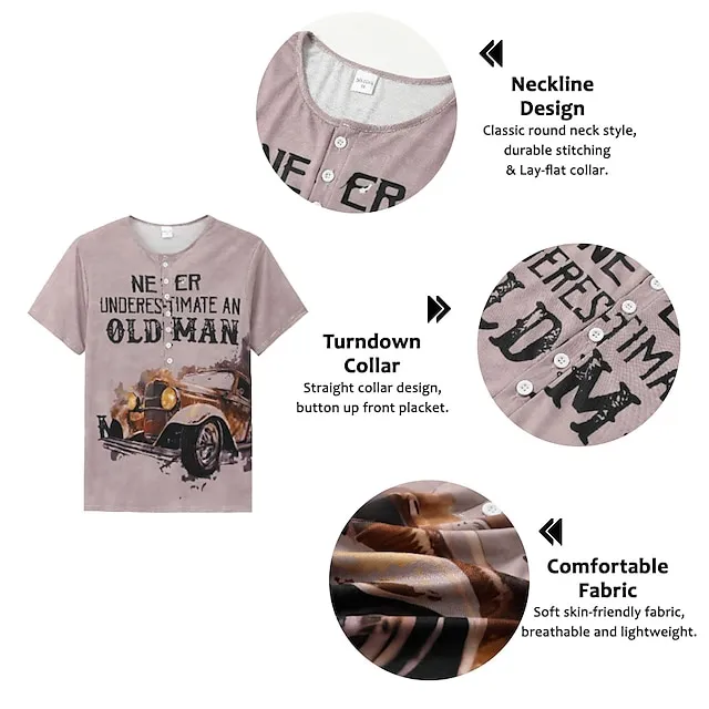 Old Man Vintage Mens 3D Shirt | Green Summer Cotton | Men’S Henley Graphic Car Clothing Apparel 3D Print Outdoor Daily Short Sleeve Button Down Fashion Designer 13727a5447383b6d78e418ff7f2d4c84