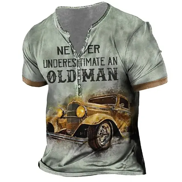 Old Man Vintage Mens 3D Shirt | Green Summer Cotton | Men’S Henley Graphic Car Clothing Apparel 3D Print Outdoor Daily Short Sleeve Button Down Fashion Designer 2495d6a7f355be413c8cb9b698950def