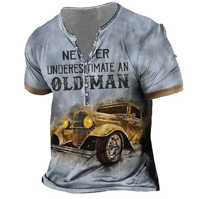 Old Man Vintage Mens 3D Shirt | Green Summer Cotton | Men’S Henley Graphic Car Clothing Apparel 3D Print Outdoor Daily Short Sleeve Button Down Fashion Designer b5619b5c6fc1544bb33c6f445c943462