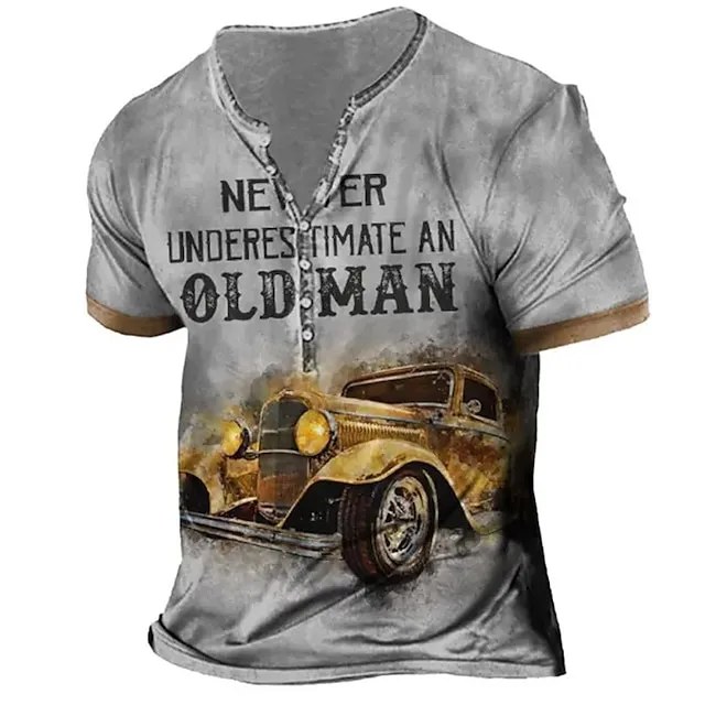 Old Man Vintage Mens 3D Shirt | Green Summer Cotton | Men’S Henley Graphic Car Clothing Apparel 3D Print Outdoor Daily Short Sleeve Button Down Fashion Designer cc544c94d5b8c8e6b13434f1cb86c41f