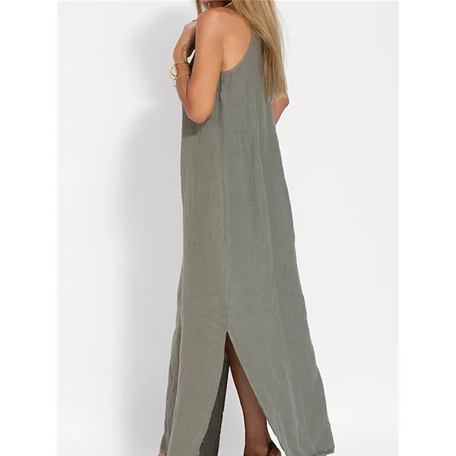 Women’s Cotton and Linen Nightdress Pure Color Loungewear Nightshirt Dress Fashion Casual Comfort Home Street Date Airport Breathable Straps Sleeveless Dress Summer Spring Black White 09b30f0783c8d632b30a30a66ac5404f