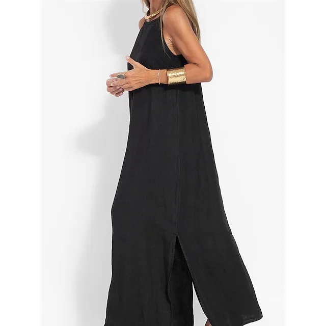 Women’s Cotton and Linen Nightdress Pure Color Loungewear Nightshirt Dress Fashion Casual Comfort Home Street Date Airport Breathable Straps Sleeveless Dress Summer Spring Black White 1bb8e655e4c7573c9cab185f956015f2