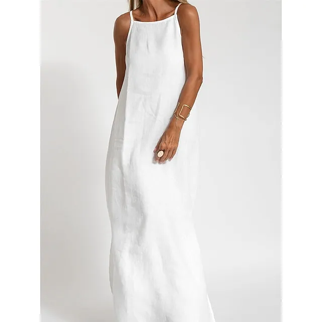 Women’s Cotton and Linen Nightdress Pure Color Loungewear Nightshirt Dress Fashion Casual Comfort Home Street Date Airport Breathable Straps Sleeveless Dress Summer Spring Black White 267defce702da71a4019a9981a4d516f
