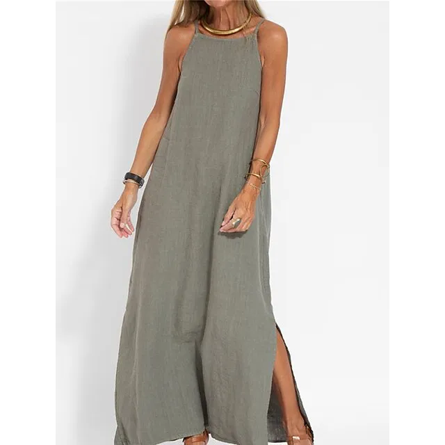 Women’s Cotton and Linen Nightdress Pure Color Loungewear Nightshirt Dress Fashion Casual Comfort Home Street Date Airport Breathable Straps Sleeveless Dress Summer Spring Black White 38ea6092568130bdbbeefe67832a150c